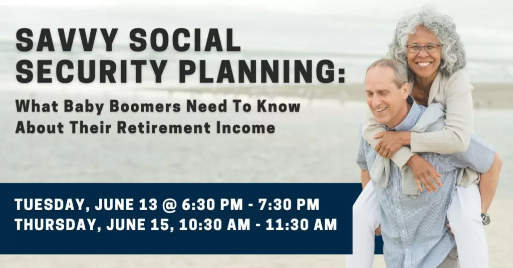 An image promoting a seminar on savvy social security planning, featuring an elderly couple happily piggybacking, conveying the event's focus on providing valuable information for retirement and maximizing social security benefits.